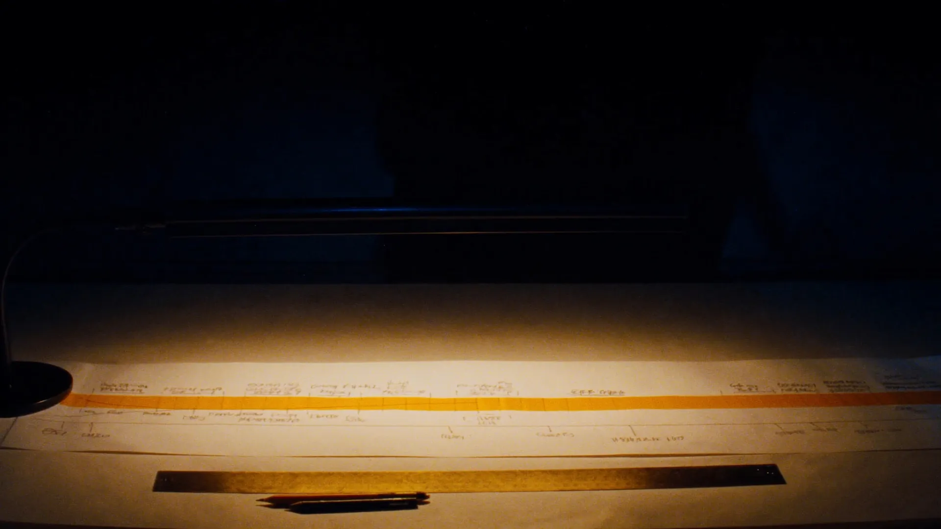 A session timeline drawn on vellum under a lamp; an amber band marks the opening range