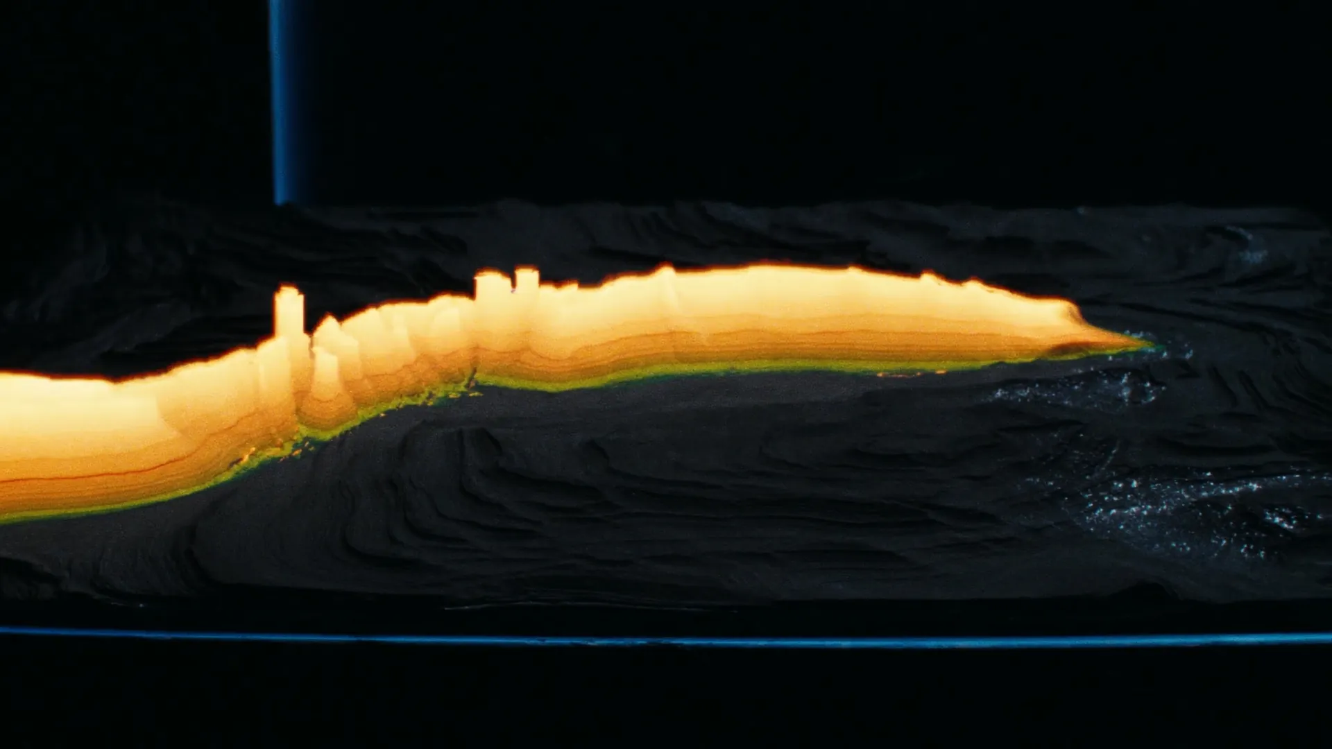 A dark topographic relief with one glowing amber ridge — a volatility surface