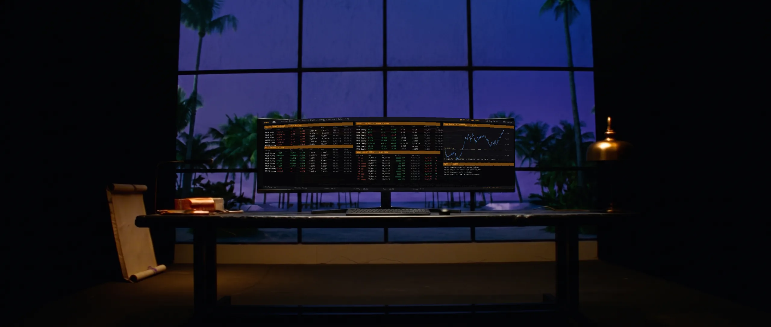 The office — the desk at blue hour (rendered)